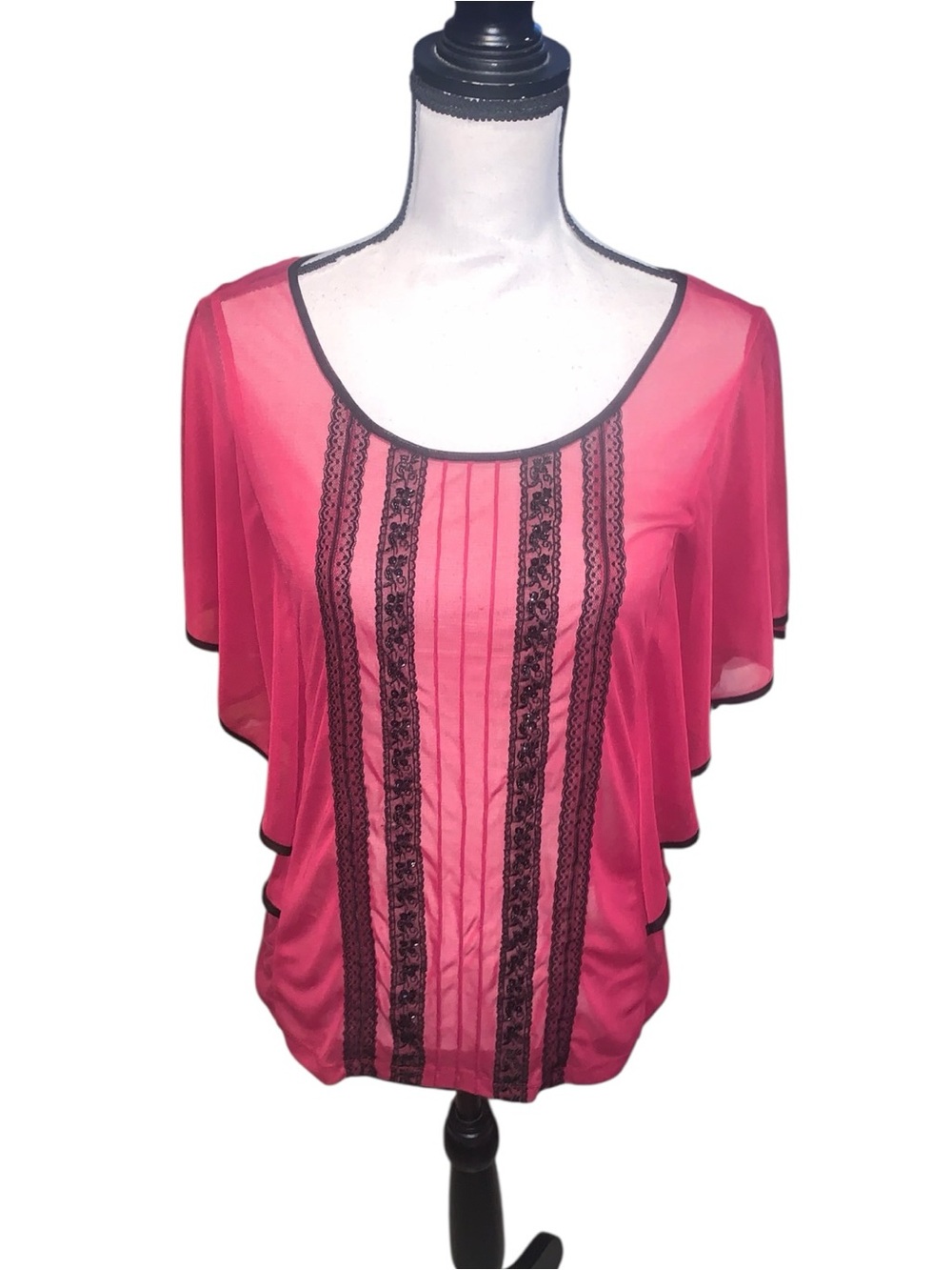 Maurices Pink Women's Pink Sheer Butterfly Sleeve Blouse Lace Beaded Sequined